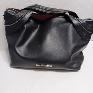ELAINE TURNER large black pebble leather zipper handle tote satchel